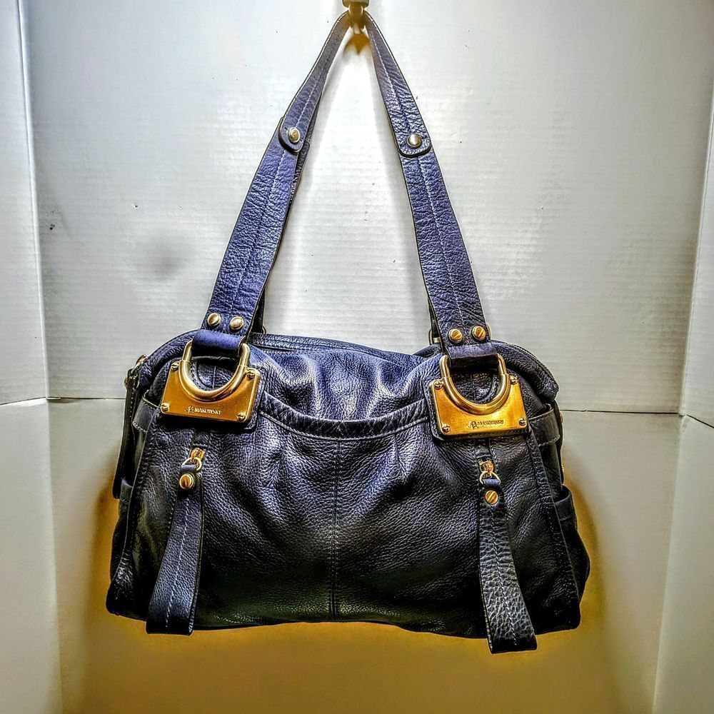 B. Makowsky Navy Leather Shoulder Bag with Silver Details